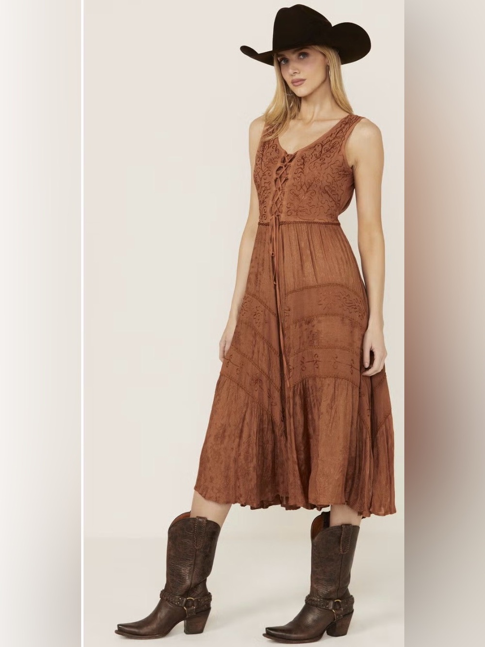 Scully Lace-Up Embroidered Midi Dress